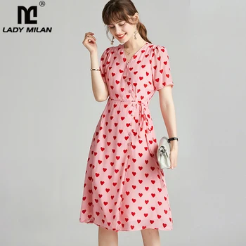 

100% Silk Women's Runway Dresses Sexy V Neck Short Sleeves Lace Up Bow Sweethearts Printed Fashion Short Dresses