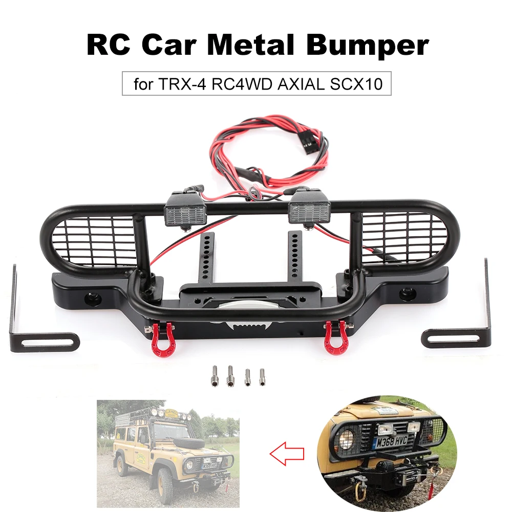 

RC Car Metal Bumper with 4 LED Light Trailer Hook for 1/10 TRX-4 RC4WD AXIAL SCX10 Crawler Car