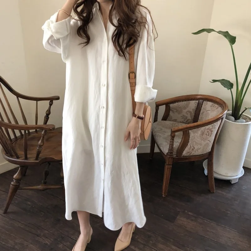 

Extra Long Blouse Long Sleeve Loose Korean Version Ccotton Linen Sunscreen Over Knees Lazy Wind Dress Sexy Maxi Winter Dress