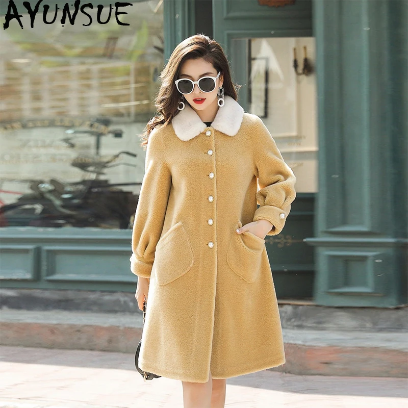 

AYUNSUE Winter Jacket Women Sheep Shearling Real Fur Coat Female Mink Fur Collar 100% Wool Coats Suede Leather Jackets MY4384
