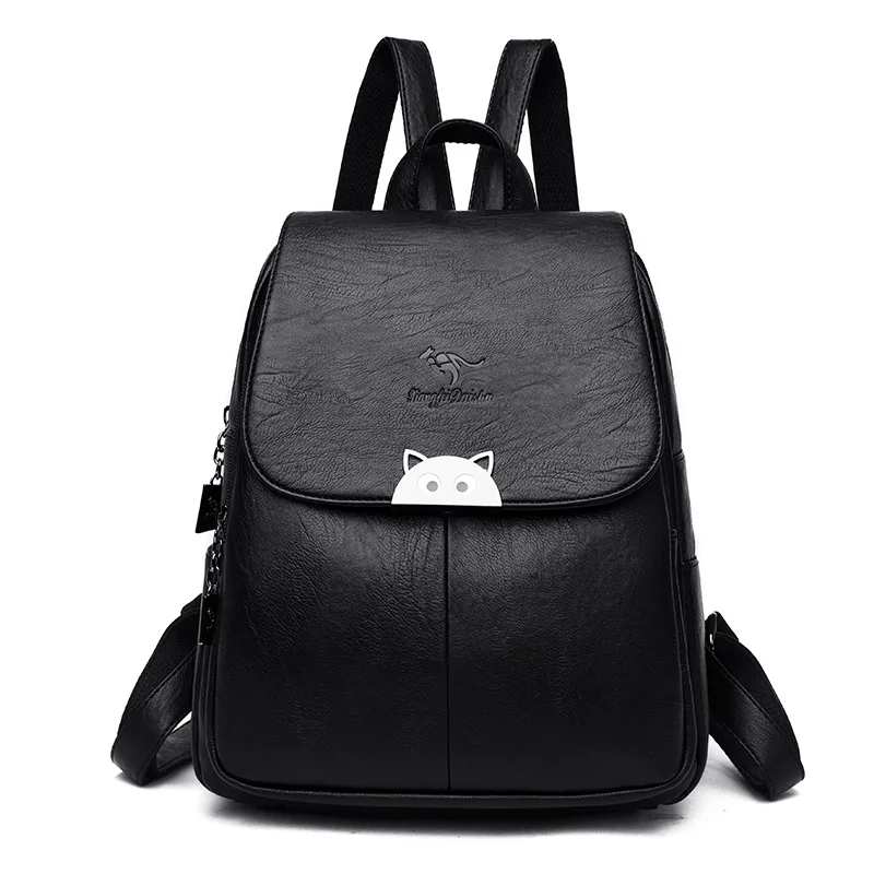 Роскошный мягкий кожаный женский рюкзак высокого качества простые школьные сумки с буквенным принтом для девочек-подростков большая Вместительная дорожная сумка - Цвет: Black-CAT