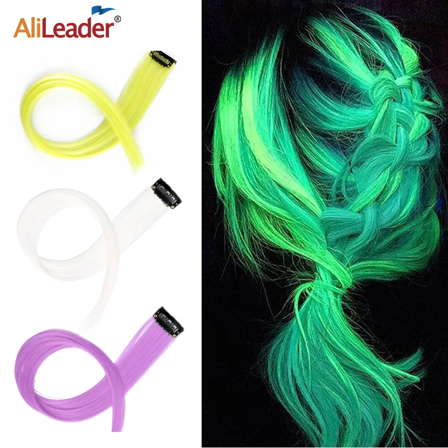 Grampo em Linha Reta em Uma Extensões de Cabelo Brilhando na Escuridão Leeons Pedaço Longo Parte Sintético Brilhante Arco-íris Cabelo 11