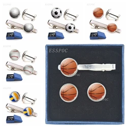 Creative Basketball Football Baseball Volleyball Tie Clip and Cufflinks Set Men Jewelry Wedding Party Accessories Gifts for Him