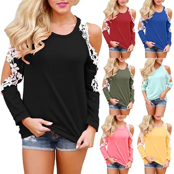 

Fashion Women Casual O-neck Long Sleeve T-shirt Cold Shoulder Lace Patchwork Trim Tops