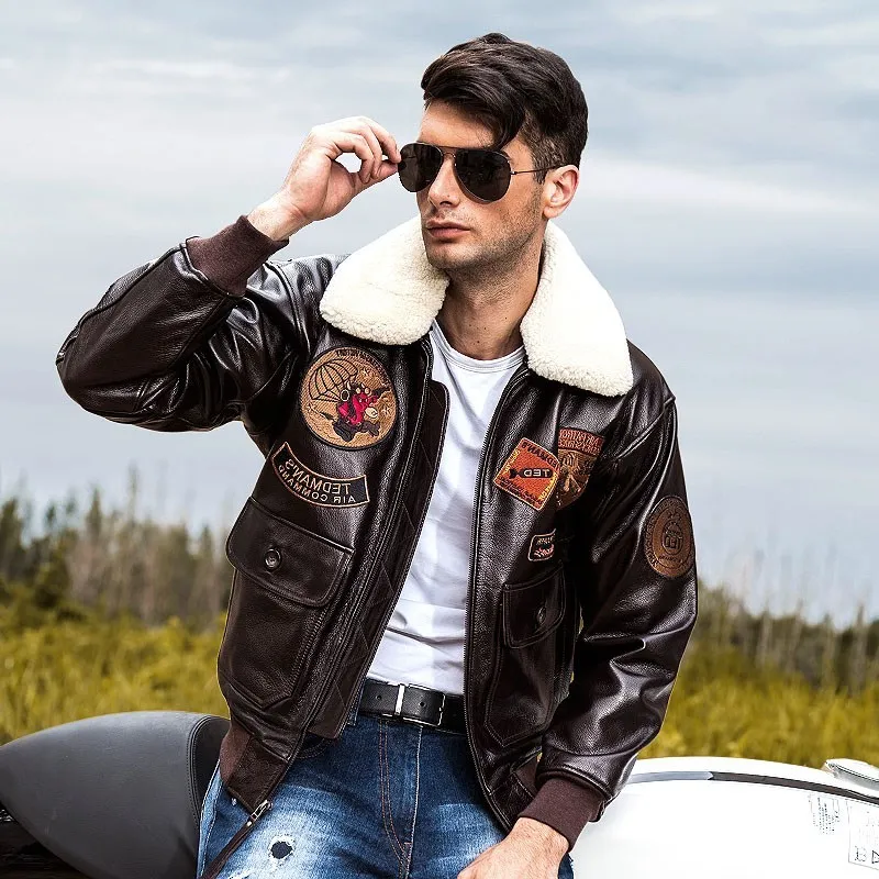 

2020 Brown Men USAF Pilot Jacket Wool Collar Europe Size XXL Genuine Thick Cowhide Winter Military Aviator Leather Coat