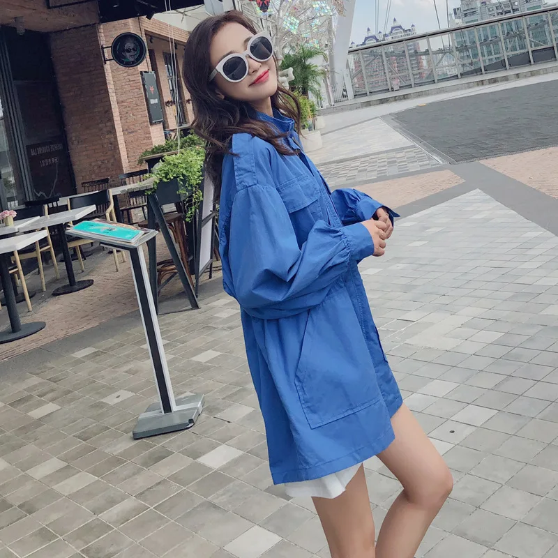 

2019 Autumn Clothing New Style Stand Collar Lantern Sleeve Large Pocket Waist Hugging Mid-length Slimming Versatile Zipper Trenc
