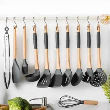 

11pcs Silicone Cooking Utensils Set Nonstick Spatula Set Wooden Handle Kitchen Cooking Set with S Hooks Home Kitchen Accessories