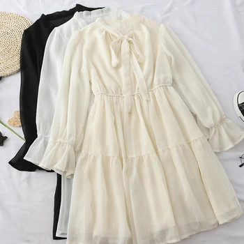

2020 Spring and Summer New Chiffon White Collar Bow Dress Trumpet Sleeves Temperament Waist Dress