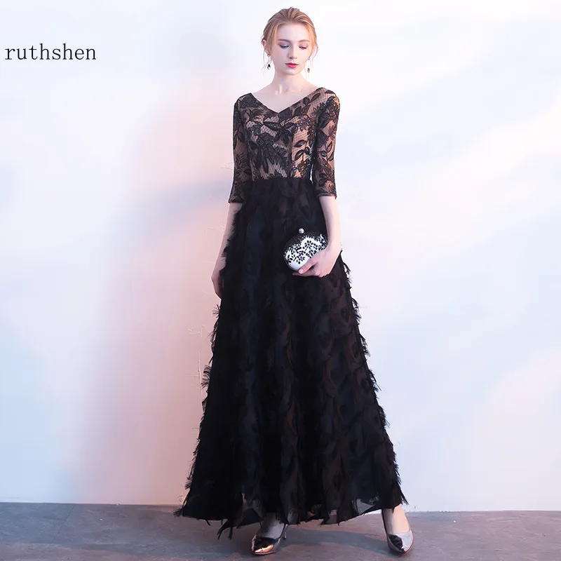 

Elegant Black Evening Dress Long Half Sleeves Lace Women Prom Dresses A Line Ladies Party Gowns Vestidos De Gala