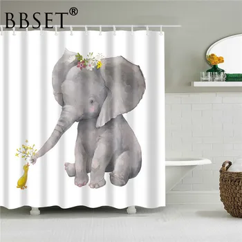 

Funny Animals Shower Curtain Cartoon Elephant and Little Yellow Duck Pattern Waterproof Multi-size Douchegordijn Bathroom Decor