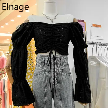 

Elnage Spring Summer Strapless Hollow Out Short Trumpet Long Sleeve Blouse Black Drawstring Pleated Shirts Top Women 5A832