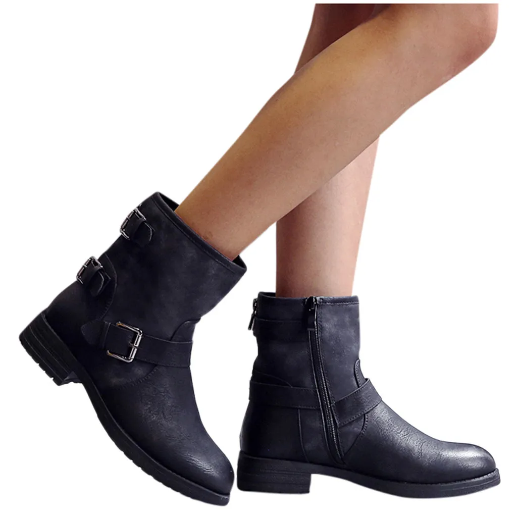 

Winter Boots Women Stylish Women’s Flat Round Toe Buckle-Strap Shoes Low-heeled Western Ankle Boots Mujer bota feminina A35