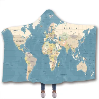 

3D World Map Digital Hooded Blanket Printing Detailed Blue Bottom Lattice Fleece Blanket 2019 Fashionable Popular Blanket Thick