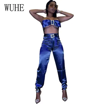 

WUHE Smooth Satin Casual 2 Pieces Sets Sexy Buckle Bow Tie Strapless Top + High Waist Pants Women Elegant Outfits Matching Sets