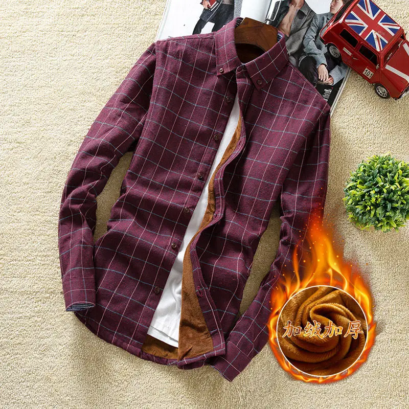 Plaid 01 4XL 5XL большой размер мужская деловая Повседневная клетчатая рубашка с длинными рукавами бархатная Толстая Теплая мужская деловая платье-рубашка в полоску плюс - Цвет: Plaid 01