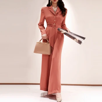 

New Autumn Office Ladies Jumpsuits Bussines Long Sleeve Sashes Overalls Formal Work Wide -Leg Rompers Jumpsuit with Belt
