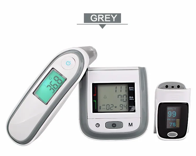 Домашний сфигмоманометр и зажим для пальца Пульсоксиметр и инфракрасный термометр набор комбинация - Цвет: Grey