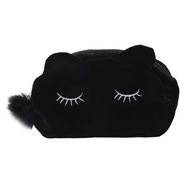SHUJIN милый кот косметичка для женщин несессер макияж дорожная Портативная сумка Красота сумка фланелевые наборы туалетных принадлежностей для женщин девочек - Цвет: black