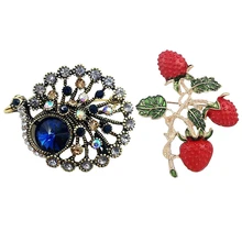 2 шт. брошь: 1 шт. модные броши из сплава с фруктовым клубничным дизайном, 1 шт. Элегантная Брошь с павлином, стразы, брошь на булавке