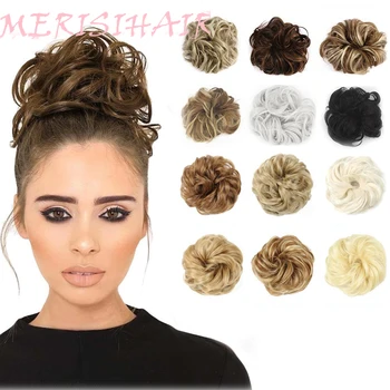 MERISIHAIR Girls Curly Scrunchie Chignon With Rubber Band Brown Gray Synthetic Hair Ring Wrap On Messy Bun Ponytails tanie i dobre opinie High Temperature Fiber Curly Chignon Pure Color