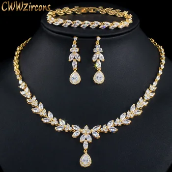 Buy OnlineCWWZircons 3 Pcs Women Costume Big Gold Jewelry Set Shiny Cubic Zirconia Drop Dubai Brides Necklace Earrings and Bracelets..
