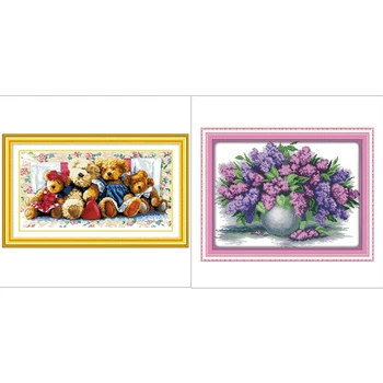 

2 Set DIY Hand Knitting Count Cross Stitch Set Embroidery Set 11CT Lavender Vase Pattern Bear Family Cross Stitch Home Decoratio