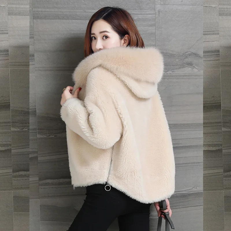 

Fall/winter particle wool coat women's hooded faux fur sheep shearling coat large wool collar short faux wool particle coat