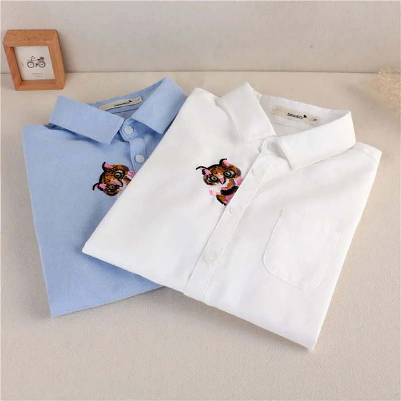 Осенняя Женская однотонная блузка для девочек, хлопковые блузки, рубашки с вышивкой, женские топы, Женская Офисная рубашка с длинным рукавом, одноцветная