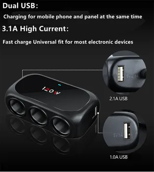 

12V-24V Dual USB Port Fast Charging Car Charger 3 Cigar-ette Lighter Socket Splitter Plug Power Phone Adapter New hot boutique