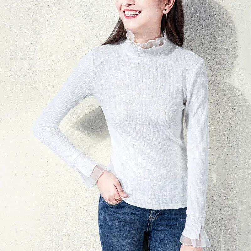 Винтажная Футболка, осенняя женская футболка, приталенная рубашка с длинным рукавом и рюшами, тонкая, размера плюс, Корейская одежда, Camiseta Mujer - Цвет: Белый