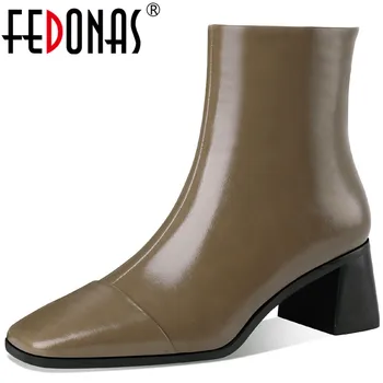 

FEDONAS Side Zipper Women's Boots Genuine Leather Square Toe Shoes Woman Heels 2020 Winter Office Lady Party Ankle Boots Leather