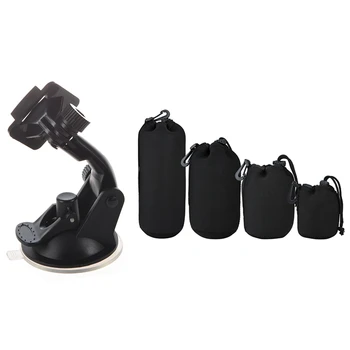 

5 Pcs Camera Accessories: 1 Pcs Swivel Car Suction Cup Support & 4 Pcs DSLR Camera Lens Pouch Bag S+M+L+XL Size