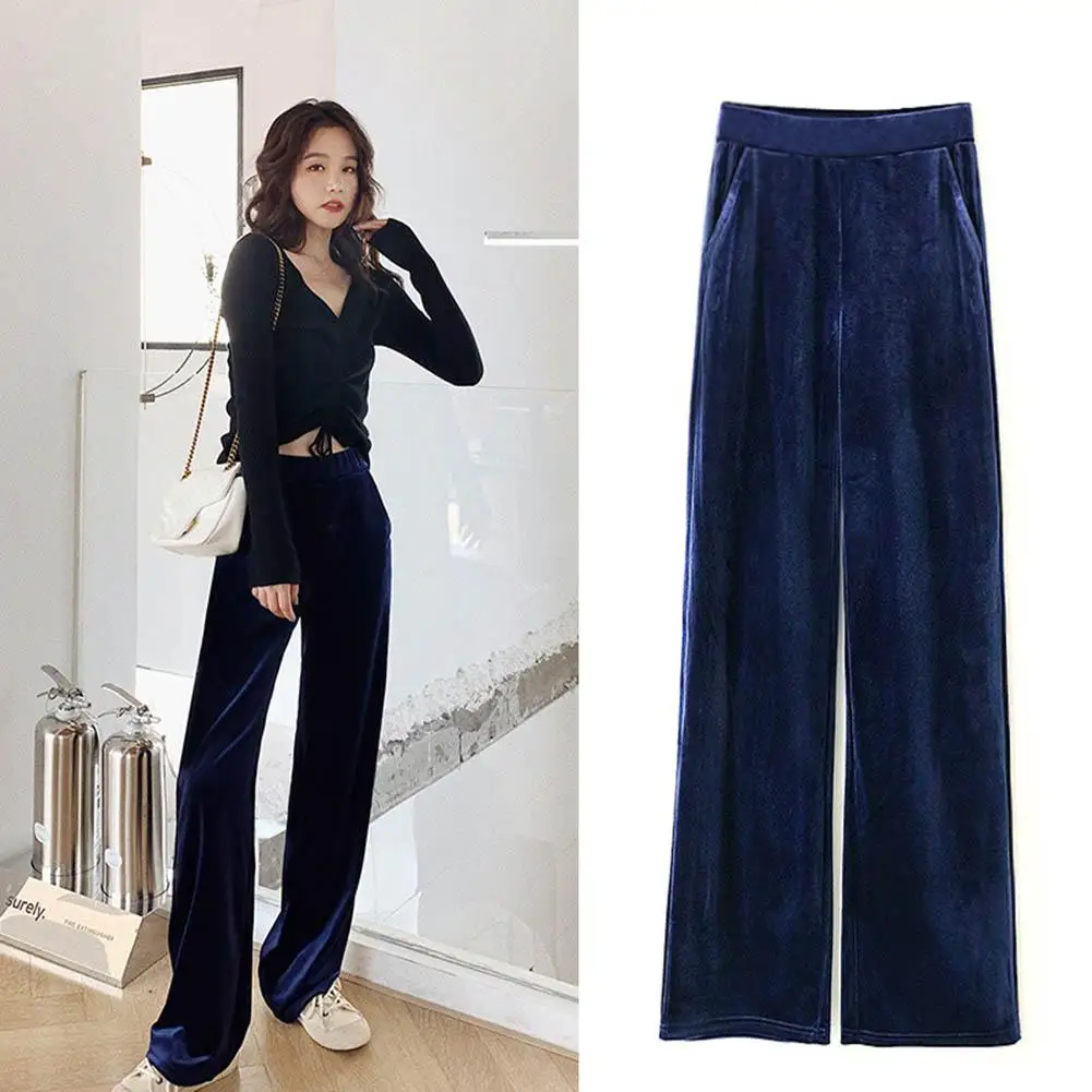 blue velvet wide leg pants