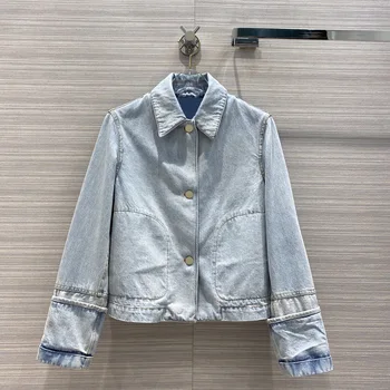 

2020 autumn women Jean Jacket High-end Luxury Fashion handsome and versatile stitching sleeve short lapel wash denim jacket Coat