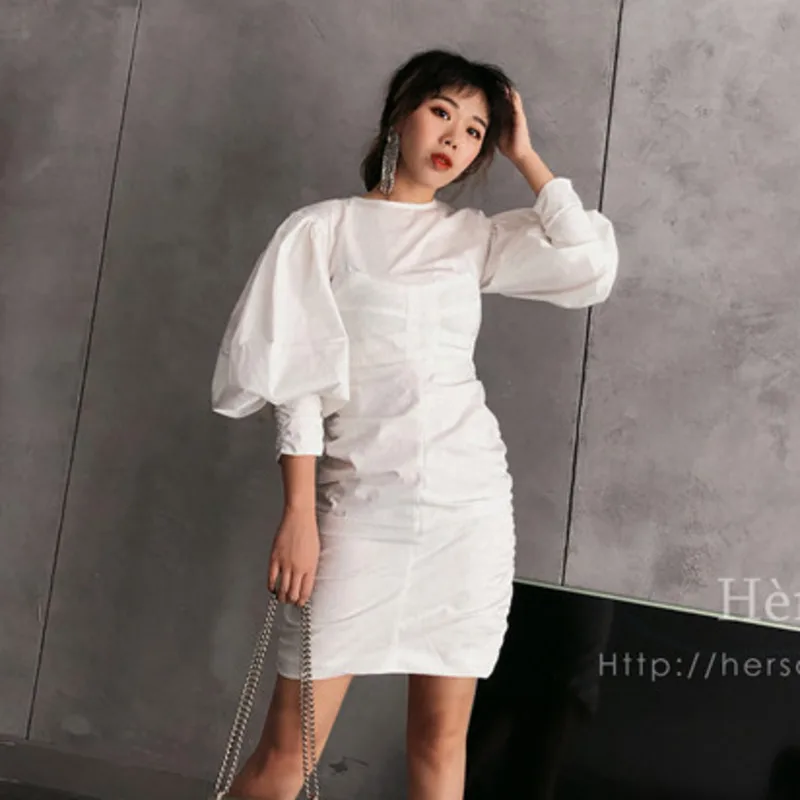 

LANMREM 2020 New Spring Solid Color Round Collar Short Lantern Sleeve Mid-length Dress Women High Street Slim Simple Dress WD615