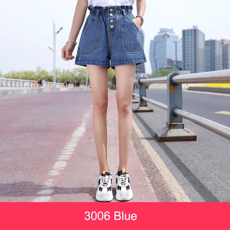 3006 Blue Женские летние джинсовые шорты с эластичной резинкой на талии, модные тонкие свободные шорты с высокой талией в консервативном стиле - Цвет: 3006 Blue