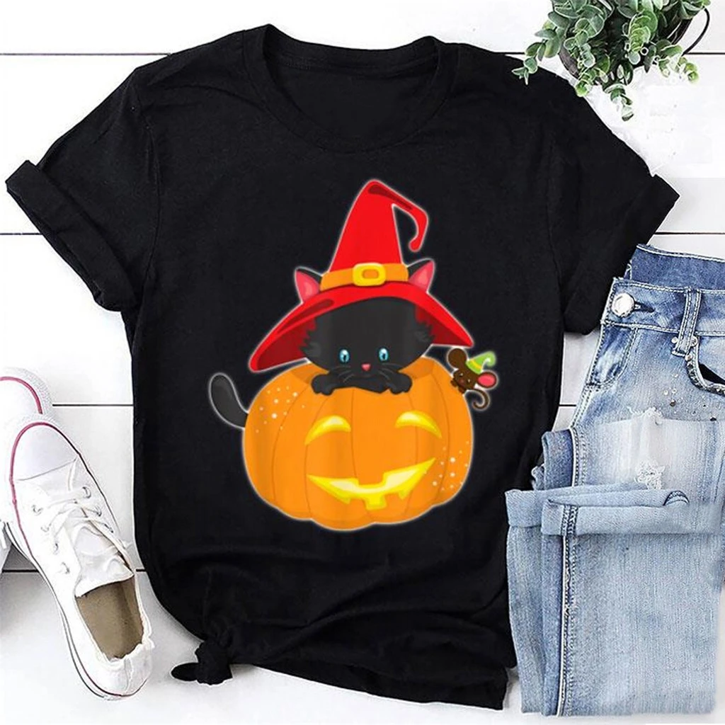 2020 Women's Halloween Print T shirts O Neck Ladies Loose Black T shirt Short Sleeve Casual Tee Tops Mujer #3|Camisetas| - AliExpress