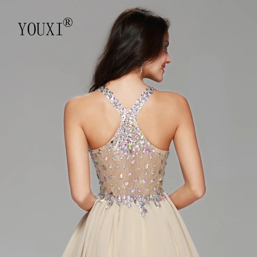 Sexy Champagne Chiffon Lace Crystal Cocktail Dresses Short Prom Dresses for Homecoming Graduation