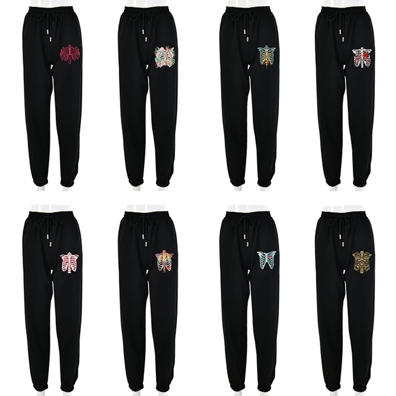 

Skeleton Print Tracksuit Womens Joggers Trousers Black Casual Pants Sweatpants Fitness Workout Running Essentials Sport Clothing