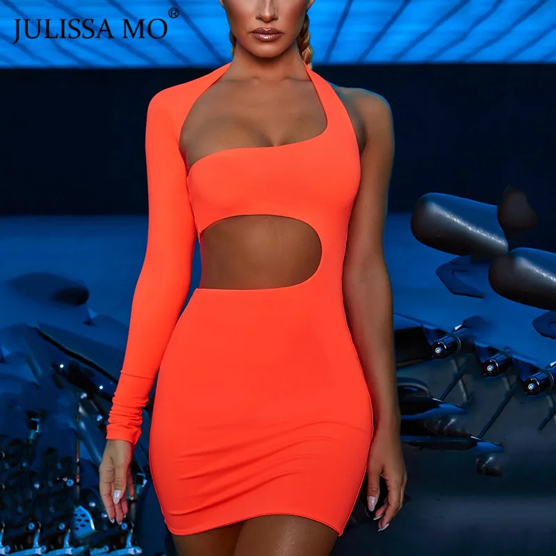 

JULISSA MO Neon Sexy Hollow Out Party Dress Autumn One Shoulder Long Sleeve Short Dress Women Strapless Bodycon Dresses Vestidos