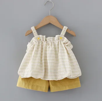 

2020 Summer Korean Lattice Tanktop Yellow Bow Waist Shorts Tong Tao Zhuang Baby Girls Cotton Combed Cotton Print