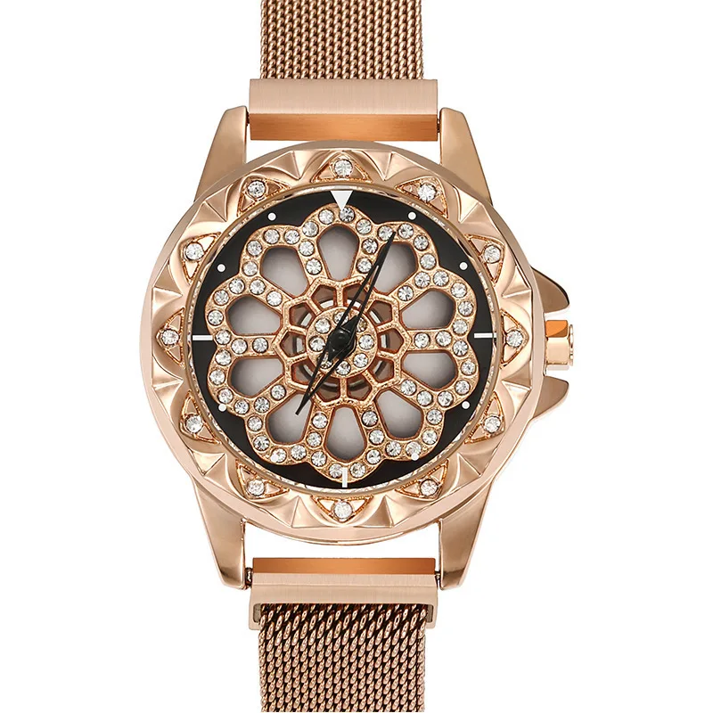 Горячие женские вращающиеся часы 360 градусов роскошные золотые Алмазный магнит звездное небо женские часы модные геометрические кварцевые наручные часы