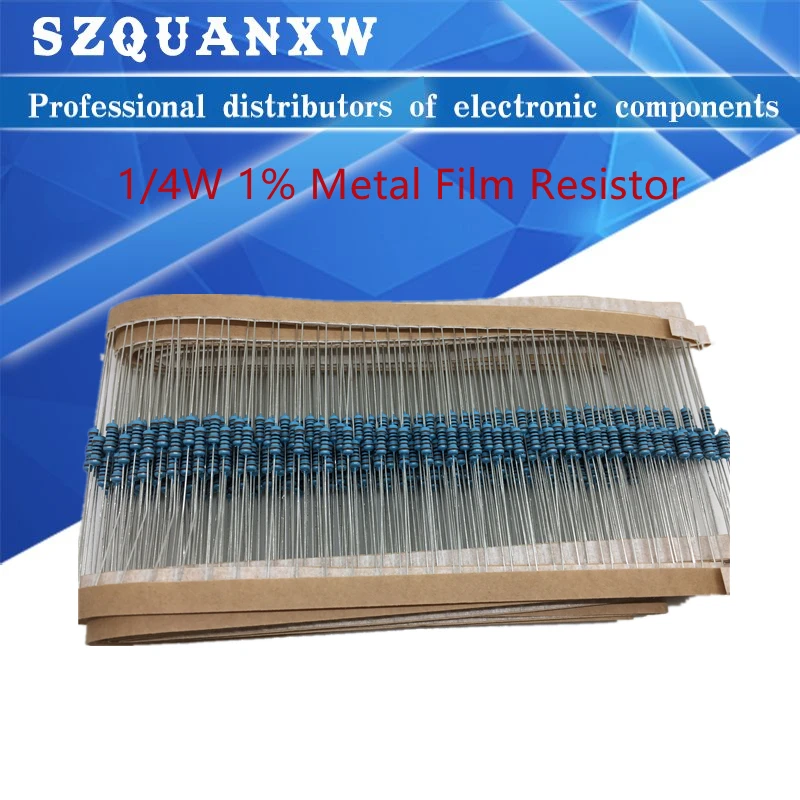 100pcs 1/4W 1R~22M 1% Metal film resistor 100R 220R 1K 1.5K 2.2K 4.7K 10K 22K 47K 100K 100 220 1K5 2K2 4K7 ohm resistance