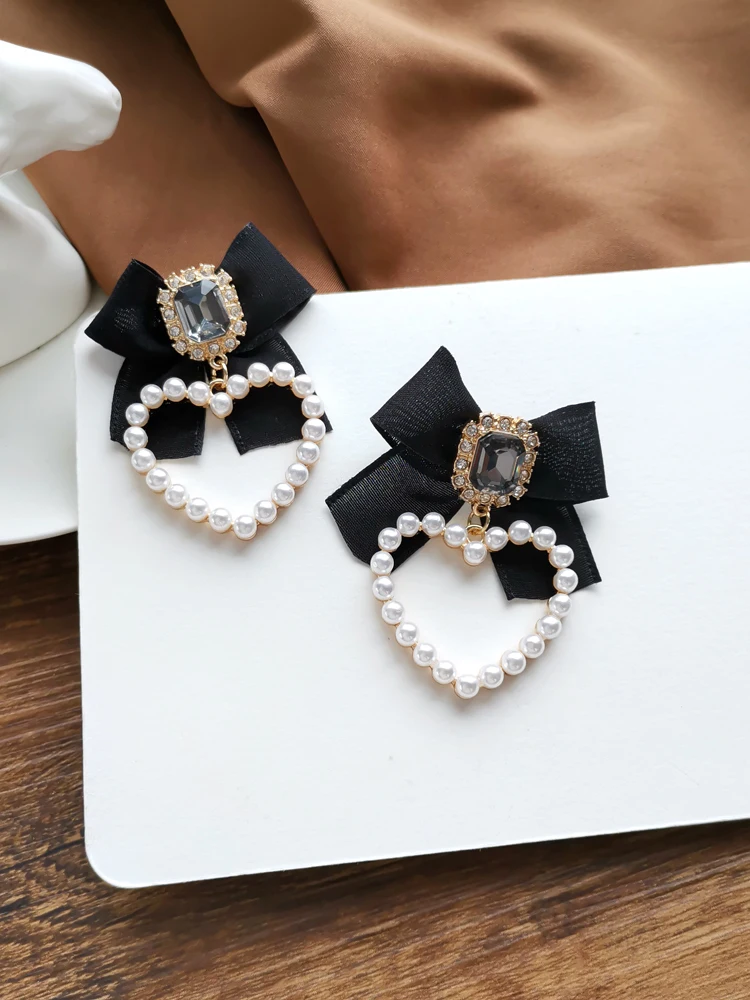 Dangle Earrings Drop Earrings Bowtie Earrings Crystal Earrings S925 Needle Jewelry Black Bowknot Crystal Glass Simulated Pearls Heart For Girl