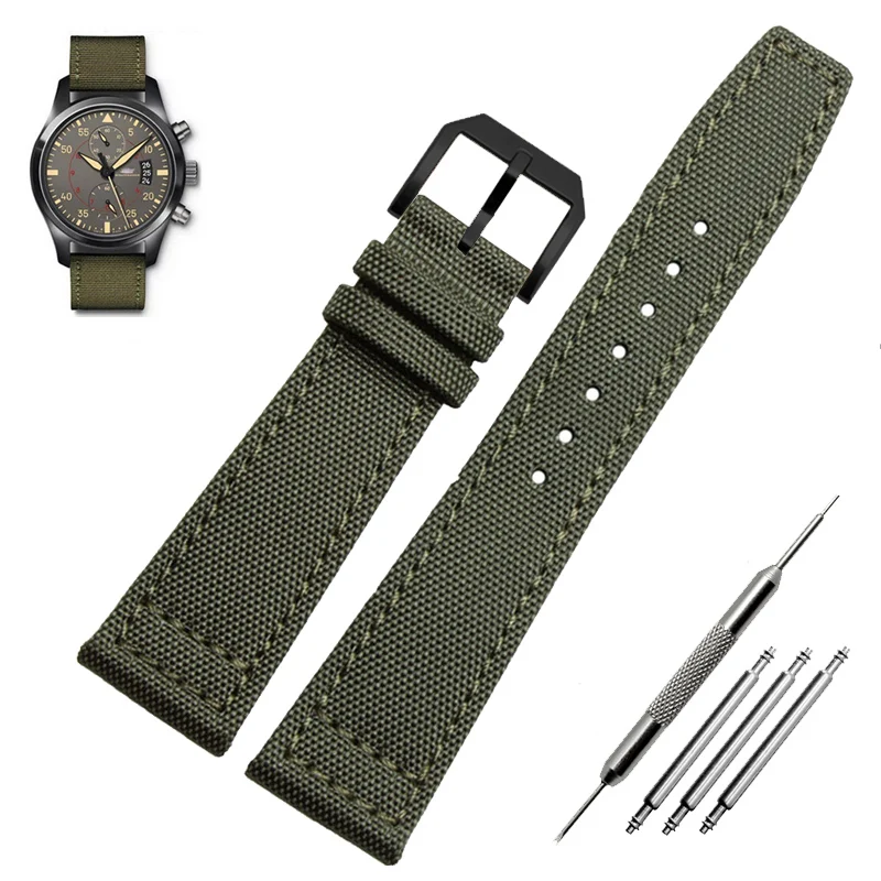 Green and Black Nylon Leather Watch Band Strap with Silver Pin Buckle - High Quality