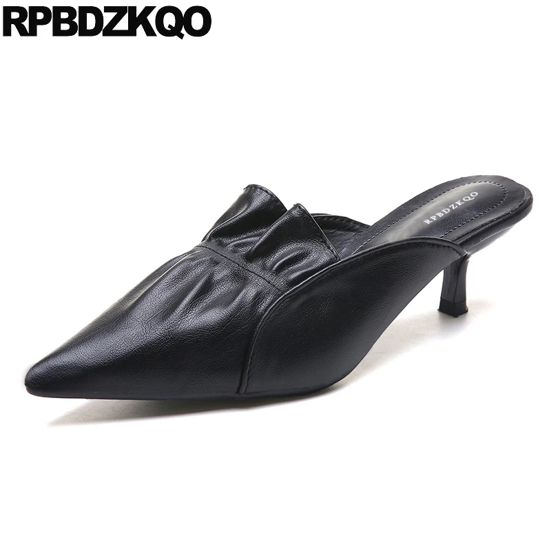 

autumn black work shoes women leather yellow mules slipper stiletto office sandals 2019 pointed toe pumps medium heels scarpin