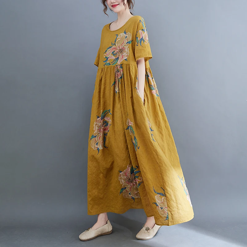 2025 New Spring Summer Women Over Size Cotton Linen Vintage Dress Print Casual Loose Long Dresses Female Robe Elegant Clothing
