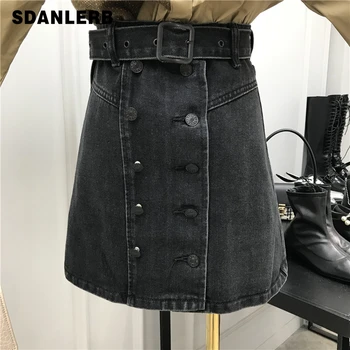 

2020 Spring New-Style Belted Skirt Loose-Fit Double-breasted A- Line Denim Skirt Retro Denim Skirts Women's Clothes