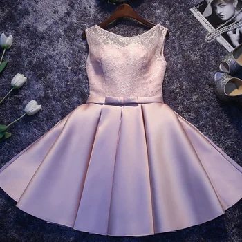 

Lace Satin Short Bridesmaid Dresses with Bow 2020 Knee Length Party Dress Pink Black Red Silver Dark Red