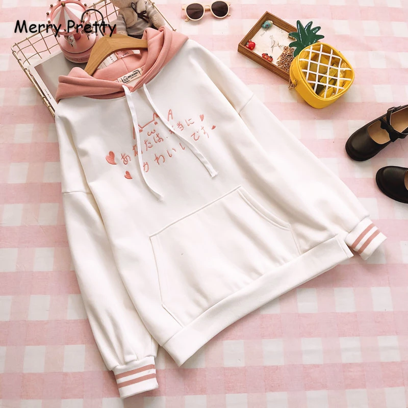 

Merry Pretty Women's Letter Embroidery Hoodies Sweatshirts 2019 Winter Warm Long Sleeve Plus Velvet Thick Hooded Tracksuit